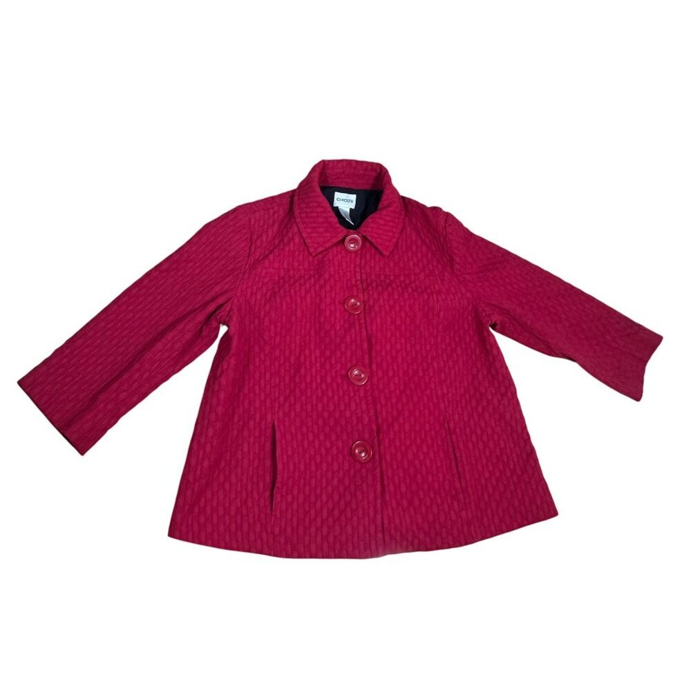 Chico’s Red Quilted Crop Blazer Jacket Size 1 Small Lined Button-Up Coat - Picture 2 of 7
